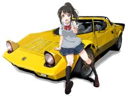 Rule 34 | 1girl, arm support, black hair, black socks, blue skirt, brown footwear, car, commentary request, fang, from side, full body, grey vest, high ponytail, highres, kneehighs, lancia (brand), lancia stratos, legs, loafers, maruyo, motor vehicle, neck ribbon, on vehicle, open mouth, original, pleated skirt, ponytail, red ribbon, ribbon, school uniform, shirt, shoes, simple background, sitting, sitting on car, skirt, socks, solo, sports car, thighs, v, vest, white background, white shirt