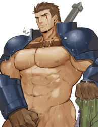 Rule 34 | 1boy, abs, armor, ass, bara, bare pectorals, belt, bottomless, bracer, brown belt, brown gloves, brown hair, character request, chest harness, copyright request, covering privates, covering crotch, cowboy shot, expressionless, facial mark, gloves, gomtang, harness, large pectorals, leather belt, looking at viewer, male focus, mature male, muscular, muscular male, navel, navel hair, nipples, pauldrons, pectorals, unworn shirt, short hair, shoulder armor, sideburns, solo, stomach, thick thighs, thighs, wet
