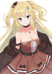Rule 34 | 1girl, akai haato, akai haato (gothic lolita), bare shoulders, black choker, black flower, black jacket, black rose, blonde hair, blue eyes, blush, bow, breasts, brown dress, choker, cleavage, collarbone, commentary request, dress, flower, hair bow, hair flower, hair ornament, hairclip, heart, heart hair ornament, highres, hololive, jacket, layered dress, long hair, looking at viewer, medium breasts, natsuki (natukituki), off shoulder, open clothes, open jacket, parted lips, pleated dress, rose, simple background, sleeveless, sleeveless dress, solo, strap slip, two side up, very long hair, virtual youtuber, white background, white flower, white rose, x hair ornament