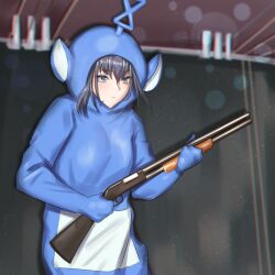 Rule 34 | 1girl, absurdres, black hair, blue eyes, closed mouth, cosplay, costume, expressionless, gun, highres, holding, holding gun, holding weapon, hololive, hololive english, meme, ouro kronii, short hair, shotgun, solo, teletubbies, teletubby todd howard with a shotgun (meme), tinky winky, tinky winky (cosplay), virtual youtuber, weapon, zenya