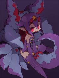 Rule 34 | 1girl, bad id, bad pixiv id, bare shoulders, desco (disgaea), disgaea, dress, earrings, elbow gloves, flat chest, gloves, horns, jewelry, jitome, looking at viewer, makai senki disgaea 4, open mouth, pointy ears, pokoten (pokoten718), purple background, purple dress, purple hair, purple thighhighs, red eyes, short dress, short hair, slit pupils, solo, tail, tentacles, thighhighs, third eye, triangle mouth