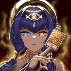 Rule 34 | 1girl, artist name, bare shoulders, blue eyes, blue hair, blurry, blurry background, candace (genshin impact), card, commentary, dark-skinned female, dark skin, dm (nguyen dm95), english commentary, exodia the forbidden one, fingerless gloves, genshin impact, gloves, heterochromia, holding, long hair, looking at viewer, parted lips, portrait, short hair with long locks, solo, teeth, watermark, yellow eyes, yu-gi-oh!