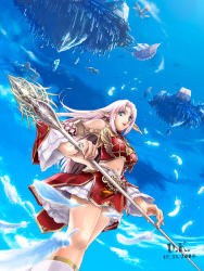 Rule 34 | 1girl, aircraft, airship, armor, bird, blue eyes, city, cloud, crystal, d.k., elf, elf (lineage 2), feathers, floating city, floating island, flying, frills, highres, lineage, lineage 2, long hair, midriff, navel, pink hair, pointy ears, ship, solo, staff, watercraft