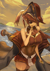 1girl absurdres ascot belt black_choker black_coat black_hat breasts brown_belt choker cleavage coat covered_navel cropped_jacket eyepatch frilled_choker frills gun hat highres holding holding_gun holding_weapon hololive houshou_marine houshou_marine_(1st_costume) jacket large_breasts leather_belt leotard leotard_under_clothes long_hair looking_at_viewer miniskirt open_mouth pirate_hat red_ascot red_coat red_eyes red_hair red_jacket red_skirt skirt sleeveless sleeveless_jacket smile solo sun teaz917 twintails two-sided_coat two-sided_fabric virtual_youtuber water weapon