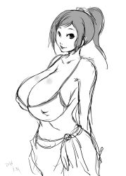 Rule 34 | 10s, 1girl, arms behind back, bikini, breasts, cleavage, dated, covered erect nipples, greyscale, gundam, gundam build fighters, highres, huge breasts, iori rinko, long hair, looking at viewer, monochrome, ponytail, simple background, sketch, solo, swimsuit, white background, yuumin