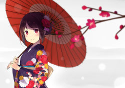 Rule 34 | 1girl, :&gt;, black kimono, blurry, blush, branch, commentary request, depth of field, floral print, flower, from side, hair flower, hair ornament, holding, holding umbrella, japanese clothes, kimono, looking at viewer, new year, oil-paper umbrella, original, pink flower, smile, solo, sutorora, umbrella, upper body