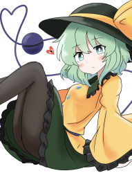 Rule 34 | 1girl, absurdres, aqua eyes, ass, black hat, black pantyhose, blouse, blush, bright pupils, buttons, closed mouth, commentary request, diamond button, expressionless, eyeball, feet out of frame, frilled shirt collar, frilled skirt, frilled sleeves, frills, green hair, green skirt, hat, hat ribbon, heart, heart of string, highres, komeiji koishi, long sleeves, looking at viewer, medium hair, pantyhose, ribbon, shirt, simple background, skirt, solo, theon (te2eo), third eye, touhou, wavy hair, white background, white pupils, wide sleeves, yellow ribbon, yellow shirt