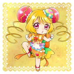 Rule 34 | 1girl, :o, aizen (syoshiyuki), ankle bow, ankle ribbon, apron, back bow, bare arms, bare legs, bike shorts, blonde hair, blue bow, bow, bun cover, chestnut mouth, chibi, clenched hand, cure yum-yum, delicious party precure, dot nose, double bun, drill hair, fighting stance, frilled skirt, frills, full body, gloves, hair bun, hanamichi ran, huge bow, lace background, leg ribbon, long hair, looking at viewer, magical girl, open mouth, orange bow, orange footwear, orange skirt, pink bow, precure, red bow, red eyes, red shorts, ribbon, shoes, shorts, shorts under skirt, skirt, solo, standing, standing on one leg, striped, striped bow, swept bangs, twin drills, white gloves, yellow background