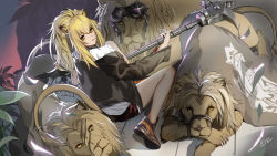 Rule 34 | 1girl, 575765232, absurdres, animal ears, arknights, axe, blonde hair, blouse, candy, clothes lift, collar, food, fur-trimmed jacket, fur-trimmed shorts, fur trim, hair between eyes, highres, holding, holding axe, jacket, jewelry, lion ears, lion girl, lion tail, lollipop, messy hair, scar, shirt, shirt lift, shoes, short shorts, shorts, siege (arknights), sneakers, studded choker, studded collar, tail, tank top, toe ring, war hammer, weapon, white shirt, white tank top