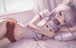 Rule 34 | 1girl, animal ears, arm up, bed sheet, blurry, blurry background, blush, bow, buruma, character doll, covered mouth, curtains, hair bow, highres, horse ears, horse girl, long hair, looking at viewer, lying, marinesnow, mejiro mcqueen (umamusume), midriff, navel, on bed, on side, pillow, pov across bed, shirt, short sleeves, sidelocks, solo, thighs, umamusume, white shirt, window