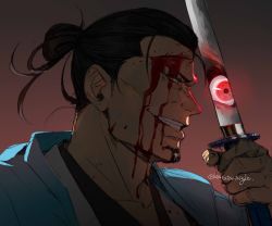 Rule 34 | 1boy, black hair, blood, blood on face, cuts, different reflection, facial hair, fate/grand order, fate (series), glowing, glowing eyes, goatee, grin, haori, highres, holding, holding sword, holding weapon, injury, japanese clothes, k (chissaiossan), katana, male focus, red eyes, reflection, serizawa kamo (fate), smile, solo, sword, twitter username, weapon