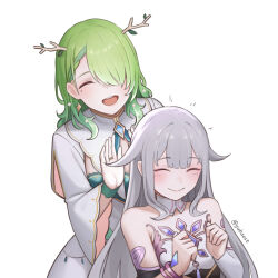 2girls antlers breasts ceres_fauna ceres_fauna_(1st_costume) closed_eyes collar detached_collar flower green_hair grey_hair hair_flower hair_ornament hair_over_one_eye highres hololive hololive_english horns jewelry koseki_bijou koseki_bijou_(1st_costume) long_hair mole mole_under_eye multiple_girls open_mouth ring smile twitter_username virtual_youtuber white_collar white_flower wide_sleeves yubaest