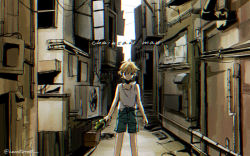 Rule 34 | 1boy, alley, blonde hair, bottle, broken bottle, broken glass, carrotsprout, chainsaw man, child, chromatic aberration, denji (chainsaw man), glass, highres, holding, holding bottle, looking at viewer, no mouth, short hair, shorts, solo, spiked hair, tank top, twitter username, white tank top