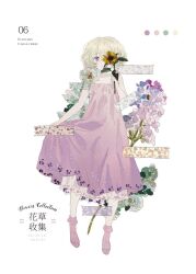 Rule 34 | 1girl, bare arms, bare shoulders, bity3155660241, blonde hair, chinese text, closed mouth, collarbone, color guide, commentary request, dress, english text, eyelashes, floral print, flower, frilled socks, frills, full body, holding, holding flower, long dress, looking at viewer, mixed-language text, one eye covered, original, purple dress, purple eyes, purple flower, purple socks, rose, short hair, simple background, skirt hold, smile, socks, solo, spaghetti strap, straight-on, striped clothes, striped socks, sunflower, tape, vertical-striped clothes, vertical-striped socks, white background, white flower, white rose, yellow flower