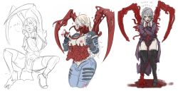 Rule 34 | 1girl, blonde hair, blood, bloody tears, blush, breasts, breasts out, claws, cleavage, commentary, crossed arms, cunnilingus gesture, dead space, dead space 2, dress, english commentary, english text, extra arms, garter straps, grey hair, guro, highres, horror (theme), large breasts, long tongue, mandibles, monster girl, multiple views, necromorph, nipples, nose blush, red eyes, sketch, slasher (dead space), snifer25, thighhighs, tongue, torn clothes, torn dress