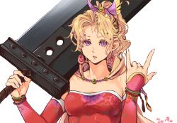 Rule 34 | 1girl, \m/, beads, blonde hair, bracelet, breasts, buster sword, dated, detached sleeves, dress, earrings, final fantasy, final fantasy vi, final fantasy vii, hair beads, hair ornament, heart, holding, holding sword, holding weapon, jewelry, medium breasts, parted lips, purple eyes, simple background, solo, strapless, strapless dress, sword, tina branford, umichicken, upper body, weapon, white background
