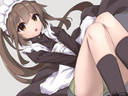 Rule 34 | 1girl, absurdres, alternate costume, apron, black dress, brown eyes, brown hair, dress, enmaided, frilled apron, frills, fumizuki (kancolle), grey panties, highres, kantai collection, logiclr, long hair, looking at viewer, maid, maid headdress, open mouth, panties, ponytail, solo, underwear, v arms, white apron
