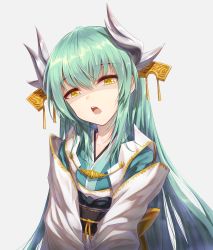 Rule 34 | 1girl, bae.c, bow, commentary request, dragon horns, fate/grand order, fate (series), green hair, green kimono, grey background, hair between eyes, head tilt, headgear, highres, horns, japanese clothes, kimono, kiyohime (fate), long hair, obi, open mouth, sash, shaded face, simple background, solo, teeth, upper body, upper teeth only, very long hair, yellow bow, yellow eyes