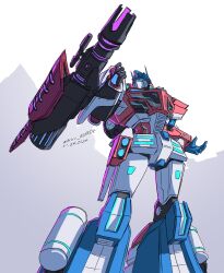 Rule 34 | 1boy, arm cannon, autobot, blue eyes, clenched hand, fusion, glowing lines, highres, mecha, megatron, nui lecarde, optimus prime, parody, robot, scene reference, signature, solo, transformers, transformers (skybound), weapon, white background