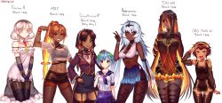 Rule 34 | 6+girls, abs, absurdres, bare shoulders, black gloves, black hair, black hole, black legwear, black sclera, blackhole-chan, blue hair, breast suppress, breasts, bsapricot, character name, character request, cleavage, colored sclera, dark-skinned female, dark skin, detached collar, dress, earth-chan, garter straps, gloves, green hair, hair between eyes, hand on another&#039;s head, hand on own hip, hand on own chest, height difference, high ponytail, highres, large breasts, linea alba, long hair, looking at viewer, low twintails, m87 black hole, medium breasts, midriff, midriff peek, miniskirt, mole, mole under eye, multicolored hair, multiple girls, necktie, open mouth, orange eyes, orange hair, pantyhose, parted bangs, pencil skirt, personification, ponytail, revealing clothes, salute, school uniform, see-through, serafuku, short necktie, short shorts, shorts, simple background, skirt, slit pupils, small breasts, smile, tagme, thighhighs, toned, twintails, v, v arms, very long hair, white background, zettai ryouiki