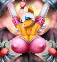 Rule 34 | 1girl, animal ears, armpits, arms up, bat wings, blue eyes, breasts, cleavage, collarbone, covered erect nipples, covered navel, elbow gloves, eyeshadow, fenrox, furry, furry female, gloves, half-closed eyes, highres, huge breasts, lips, looking at viewer, makeup, medium hair, narrow waist, open mouth, restrained, rouge the bat, solo, sonic (series), strapless, teeth, tongue, upper teeth only, white gloves, white hair, wings
