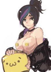 Rule 34 | 1girl, :3, black hair, breasts, censored, choker, disembodied head, large breasts, lego, multicolored hair, censored nipples, nipples, novelty censor, open clothes, panties, panties (pantsu-pirate), pasties, personification, revision, shoboon, short hair, solo, the lego group, the lego movie, topknot, underwear, wyldstyle