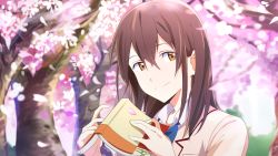 Rule 34 | 10s, 1girl, blazer, blue neckwear, book, brown eyes, brown hair, brown jacket, cherry blossoms, closed mouth, collared shirt, commentary request, day, falling leaves, hair between eyes, hands up, holding, holding book, jacket, kimi no suizou wo tabetai, leaf, long hair, looking at viewer, open book, outdoors, school uniform, shirowa, shirt, sidelocks, smile, solo, tree, upper body, white shirt, wing collar, yamauchi sakura