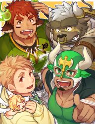 Rule 34 | 4boys, animal ears, asterius (housamo), bara, blonde hair, blush, brown eyes, brown hair, cherub, cow boy, cow ears, cupid (housamo), facial hair, feathered wings, fiery horns, forked eyebrows, furry, furry male, glowing horns, goatee, gozu farm, green neckwear, hand up, horns, jacket, jacket on shoulders, large pectorals, looking at viewer, male focus, mask, multiple boys, muscular, nose piercing, pectorals, piercing, pointing, pointing at viewer, rugby uniform, short hair, sideburns, sportswear, sweatdrop, tareme, tennouji shin&#039;ya, thick eyebrows, thick thighs, thighs, tokyo houkago summoners, wakan tanka, wings