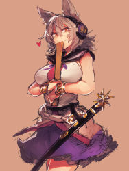 Rule 34 | 1girl, bare arms, belt, blonde hair, bracelet, breasts, covering own mouth, crossed arms, earmuffs, heart, highres, jewelry, large breasts, looking at viewer, melon22, pointy hair, ritual baton, shirt, skirt, sleeveless, sleeveless shirt, solo, sword, touhou, toyosatomimi no miko, weapon, yellow eyes