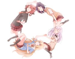 Rule 34 | &gt;;3, 10s, 4girls, ;3, ^ ^, bafarin, bat hair ornament, black bow, black bowtie, black legwear, black shirt, blonde hair, blue eyes, blue hoodie, blunt bangs, blush, bow, bowtie, circle formation, closed eyes, cross, cross hair ornament, gabriel dropout, gabriel tenma white, hair ornament, hair rings, hairclip, hand on own hip, hand to own mouth, holding hands, hood, hoodie, interlocked fingers, inverted cross, jitome, long hair, looking to the side, multiple girls, necktie, no shoes, one eye closed, open mouth, plaid, plaid skirt, pleated skirt, purple eyes, purple hair, raphiel shiraha ainsworth, red bow, red bowtie, red eyes, red hair, red necktie, satanichia kurumizawa mcdowell, school uniform, shirt, short hair, short sleeves, simple background, skirt, smile, textless version, thighs, topknot, v-shaped eyebrows, very long hair, vest, vignette tsukinose april, white background, white hair, x hair ornament