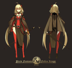 Rule 34 | 1girl, absurdres, ahoge, black gloves, blonde hair, breasts, cape, choker, cleavage, covered navel, dress, full body, gloves, hair between eyes, highres, long hair, low twintails, multiple views, pixiv fantasia, pixiv fantasia fallen kings, plantar flexion, pointy ears, red eyes, red thighhighs, saberiii, side slit, standing, sword, thighhighs, twintails, very long hair, weapon