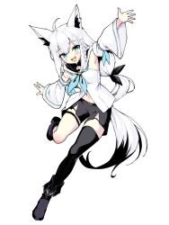 1girl :d ahoge animal_ear_fluff animal_ears aqua_neckerchief black_footwear black_shorts black_thighhighs blue_eyes braid braided_bangs commentary_request detached_sleeves fox_ears fox_girl fox_tail full_body hololive ishida_aya long_hair long_sleeves low-tied_long_hair navel neckerchief open_mouth outstretched_arms shirakami_fubuki shirakami_fubuki_(1st_costume) short_shorts shorts simple_background single_thighhigh smile solo standing standing_on_one_leg stomach tail thighhighs virtual_youtuber white_background white_hair