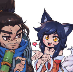 Rule 34 | 1boy, 1girl, :d, ahri (league of legends), animal ears, bamboo, bare shoulders, black hair, brown hair, collarbone, facial mark, fang, fox ears, fox girl, fox tail, hand up, heart, kyuubi, league of legends, long hair, off shoulder, open mouth, orange eyes, phantom ix row, ponytail, scar, scar on face, scar on nose, slit pupils, smile, tail, teeth, upper teeth only, whisker markings, yasuo (league of legends)