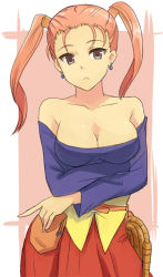 1girl bare_shoulders belt breasts brown_eyes cleavage corset dragon_quest dragon_quest_viii dress earrings female_focus hyakuen_raitaa jessica_albert jewelry long_hair looking_at_viewer medium_breasts purple_shirt red_hair rope shirt solo square_enix strapless strapless_dress twintails