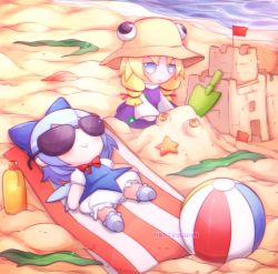Rule 34 | 2girls, artist name, ball, beach, blonde hair, blue bow, blue dress, blue eyes, blue hair, blush, bottle, bow, bowtie, breasts, brown headwear, castle, cirno, closed mouth, dress, flag, fumo (doll), glasses, gradient clothes, hair between eyes, hair ornament, hat, highres, ice, ice wings, long hair, long sleeves, lying, medium breasts, moriya suwako, multiple girls, no shoes, ocean, puffy short sleeves, puffy sleeves, purple dress, red bow, red bowtie, sami (pirateyoukai), sand, sand castle, sand sculpture, shell, shirt, short hair, short sleeves, shorts, sitting, smile, socks, summer, sun symbol, sunglasses, touhou, twintails, water, white legwear, white shirt, white shorts, wide sleeves, wings, yellow headwear
