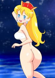 Rule 34 | 1girl, arm behind head, ass, bandeau bikini, beach, blonde hair, blue eyes, bottomless, breasts, hand on own head, highres, large breasts, legs, long hair, looking at viewer, looking back, night, no panties, ocean, open mouth, sakurajima1go, sideboob, smile, solo, thick thighs, thighs, water