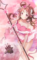 Rule 34 | 1girl, :o, animal ears, ark mmmm, arknights, bikini, blush, breasts, brown hair, cloud, commentary, dolly (arknights), eyjafjalla (arknights), eyjafjalla (summer flower) (arknights), feet out of frame, flower, frilled bikini, frills, hand on own cheek, hand on own face, hand up, highres, holding, holding staff, horns, large breasts, long hair, looking at viewer, off-shoulder bikini, off shoulder, official alternate costume, outdoors, pink background, pink bikini, pink clouds, pink eyes, pink flower, plaid, plaid bikini, sheep, sheep ears, sheep girl, sheep horns, solo focus, staff, swimsuit, thigh strap