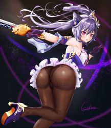 Rule 34 | 1girl, absurdres, artist name, ass, attack, bare shoulders, breasts, cameltoe, detached sleeves, dress, from behind, genshin impact, gloves, hair ornament, hairpin, high heels, highres, huge ass, keqing (genshin impact), long hair, looking at viewer, open mouth, panties, panties under pantyhose, pantyhose, purple dress, purple eyes, purple hair, shiny clothes, shiny skin, short dress, sideboob, skirt, solo, succuboi, sword, twintails, underwear, very long hair, weapon