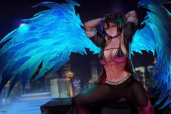 Rule 34 | 1girl, abs, arms up, belt, black hair, black jacket, blue eyes, blue wings, body markings, breasts, cityscape, cleavage, collarbone, covered erect nipples, dark, glaring, glowing veins, highres, jacket, long bangs, looking at viewer, moon, multicolored clothes, multicolored jacket, muscular, muscular female, nextoad, night, night sky, noel (tracedrenon), original, ponytail, red jacket, shiny skin, signature, skindentation, sky, sleeves rolled up, solo, spirit, squatting, toned female, two-tone jacket, wings