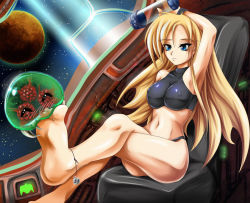 Rule 34 | 1girl, ^ ^, alien, anklet, arm up, armpits, bare shoulders, barefoot, bikini, biting, black bikini, blonde hair, blue eyes, blush, breasts, capsule, chair, closed eyes, cockpit, covered erect nipples, cramous, crossed legs, emblem, fangs, feet, foreshortening, from side, glowing, grin, halterneck, happy, hip focus, holding, impossible clothes, jewelry, large breasts, legs, long hair, looking at another, metroid, metroid (creature), monster, navel, nintendo, nipples, planet, samus aran, sitting, sky, smile, soles, solo, space, sports bikini, star (sky), starry sky, super metroid, swimsuit, toes, turtleneck, very long hair, wristband