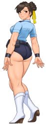 Rule 34 | 1girl, adapted costume, ass, bare legs, belt pouch, black shorts, blue shirt, boots, breasts, brown eyes, brown hair, capcom, chun-li, double bun, eyebrows hidden by hair, from behind, full body, hair bun, high heel boots, high heels, highres, knee boots, kneepits, lips, looking back, medium breasts, official alternate costume, police, police uniform, policewoman, pouch, shigenobu, shirt, short hair, short shorts, short sleeves, shorts, smile, solo, standing, street fighter, street fighter v, swept bangs, thick thighs, thighs, uniform, white background, white footwear, wristband