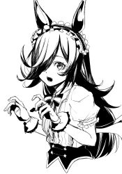 Rule 34 | 1girl, animal ears, bonnet, bow, bowtie, frilled bonnet, gloves, greyscale, hair ornament, hair over one eye, highres, horse ears, horse girl, long hair, monochrome, neckwear request, official alternate costume, one eye covered, open mouth, parted bangs, puffy sleeves, rice shower (make up vampire!) (umamusume), rice shower (umamusume), shirt, short sleeves, simple background, solo, striped bow, striped bowtie, striped clothes, swept bangs, tsukamoto minori, umamusume, upper body