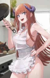 Rule 34 | 1girl, :d, absurdres, apron, arknights, bagpipe (arknights), bite mark, blurry, blurry background, breasts, cleavage, commentary, cowboy shot, frilled apron, frills, frying pan, highres, holding, holding frying pan, horns, indoors, large breasts, long hair, looking at viewer, mildt, naked apron, open mouth, orange hair, originium slug (arknights), potato, purple eyes, smile, solo, standing, thighs, very long hair, white apron