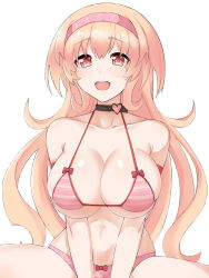 Rule 34 | 1girl, bare shoulders, bikini, blush, breasts, choker, compa, hairband, heart, heart choker, highres, large breasts, long hair, looking at viewer, micro bikini, navel, neptune (series), open mouth, orange hair, paid reward available, pink eyes, simple background, sitting, smile, solo, swimsuit, white background, zatsu