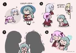 Rule 34 | ..., 4girls, ?, @ @, aqua hair, arm at side, assault lily, blonde hair, blunt bangs, blush, bow, box, brown cardigan, brown footwear, brown sailor collar, cardigan, chibi, closed eyes, comic, covering own mouth, cropped torso, crossed bangs, food, food in mouth, frilled skirt, frills, full-face blush, ghost, gloom (expression), grey hair, hair bow, hair ribbon, half updo, hand on another&#039;s shoulder, hand on own chest, hand up, hands up, highres, holding, holding box, imminent kiss, kabayaki (kabayaki eel), kanba girls high school uniform, kneeling, kon kanaho, long hair, long sleeves, looking at another, looking away, looking to the side, miniskirt, miyagawa takane, motion lines, mouth hold, multiple girls, no mouth, nose blush, notice lines, one eye closed, outstretched arms, pantyhose, parted lips, peeking out, pink background, pink hair, pocky, pocky day, pocky kiss, profile, red bow, red skirt, ribbon, sadamori himeka, sailor collar, school uniform, serafuku, shaded face, shared food, shoes, sidelocks, silhouette, simple background, skirt, solid oval eyes, standing, thighhighs, thumbs up, toki kureha, translated, trembling, twintails, twitter username, white pantyhose, white ribbon, white skirt, white thighhighs, yuri, zettai ryouiki