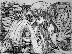 Rule 34 | 1girl, alex ahad, book, book stack, bow, capelet, crescent, dress, greyscale, hair bow, hat, long dress, long hair, marker (medium), monochrome, open book, patchouli knowledge, reading, sitting, solo, too many, too many books, touhou, traditional media