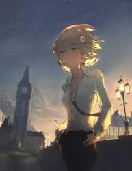 Rule 34 | 1girl, adapted costume, belt, blonde hair, blue eyes, breasts, cleavage, clock, clock tower, cloud, collarbone, collared shirt, commentary, dino (dinoartforame), english commentary, evening, grin, hands in pockets, highres, hololive, hololive english, lamppost, light smile, long sleeves, looking at viewer, loose necktie, messy hair, midriff, navel, necktie, outdoors, pants, partially unbuttoned, red necktie, scenery, shirt, short hair, small breasts, smile, solo, star (sky), stomach, swept bangs, tower, twilight, unzipped, virtual youtuber, walking, watch, watson amelia, white shirt, wristwatch