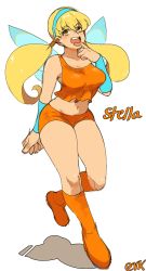 Rule 34 | 1girl, bad id, bad twitter id, blonde hair, boots, breasts, character name, fairy wings, full body, hand up, highres, long hair, medium breasts, orange footwear, orange shorts, shadow, shorts, signature, simple background, solo, standing, stella (winx club), twintails, vanillakittenn, white background, wings, winx club, yellow eyes
