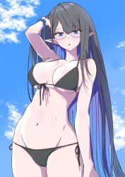 Rule 34 | :o, alternate costume, bikini, black bikini, blue archive, blue eyes, blue hair, breasts, brown hair, cloud, colored inner hair, earrings, front-tie bikini top, front-tie top, glasses, grey hair, hand in own hair, hand up, highres, jewelry, large breasts, long hair, looking at viewer, lowleg, lowleg bikini, multicolored hair, navel, p.i.t.d, pointy ears, rimless eyewear, rin (blue archive), scrunchie, side-tie bikini bottom, sky, slit pupils, swimsuit, two-tone hair, very long hair, wrist scrunchie