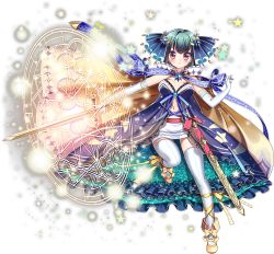 Rule 34 | 1girl, blue dress, blue ribbon, cape, crescent, crescent hair ornament, dress, full body, green hair, hair ornament, hitsuji chronicle, holding, holding sword, holding weapon, looking at viewer, magic circle, navel, official art, pandora (hitsuji chronicle), ribbon, sheath, short hair, smile, solo, standing, standing on one leg, star (symbol), sword, thighhighs, transparent background, weapon, white thighhighs, yellow cape